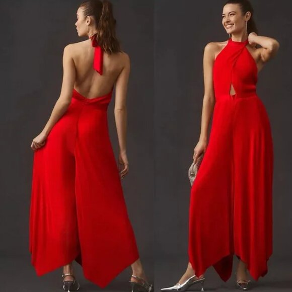 Anthropologie Plisse Halter Jumpsuit Red Size 8 - Picture 1 of 7